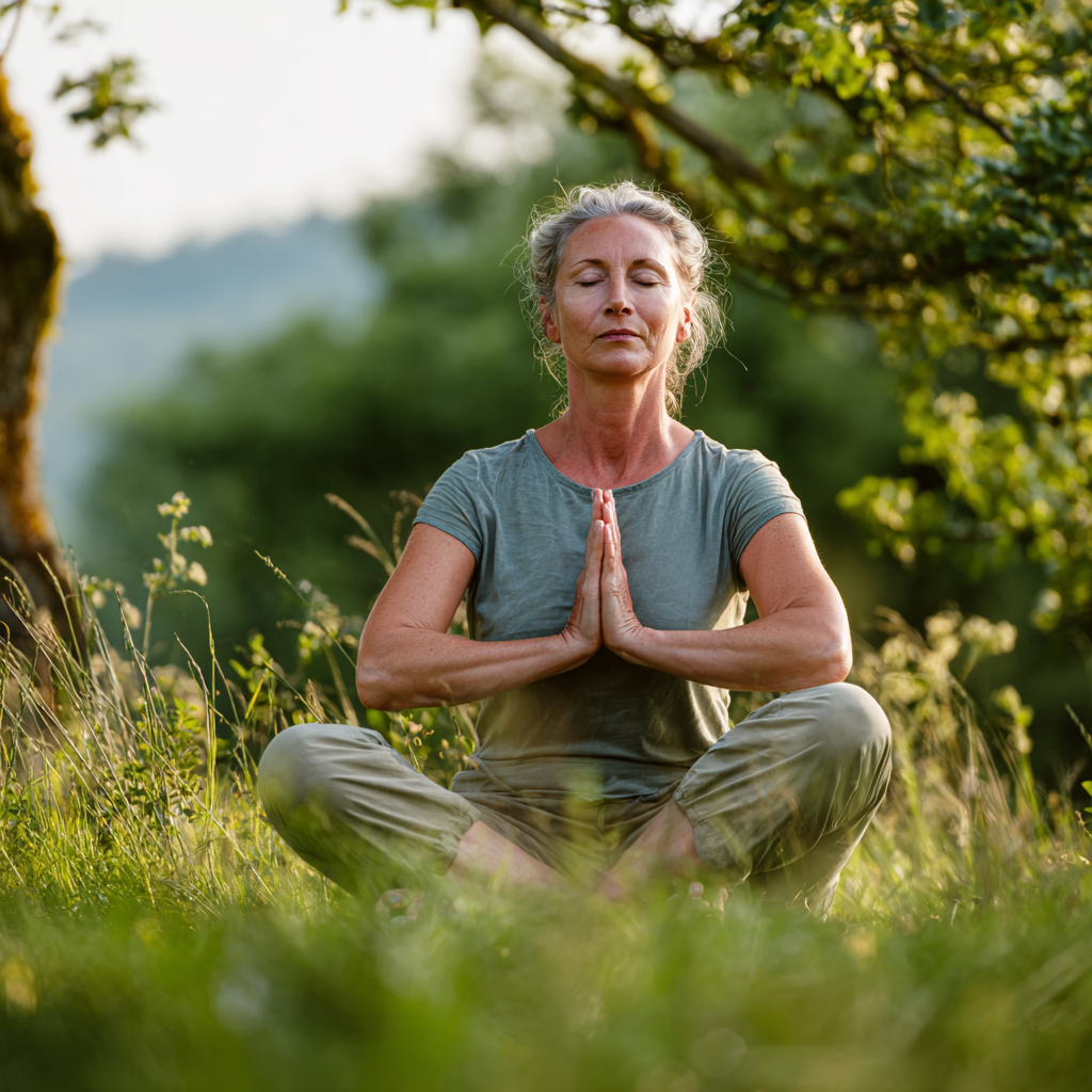 Middle-aged Hungarian woman practicing gentle yoga stretches in a peaceful natural setting