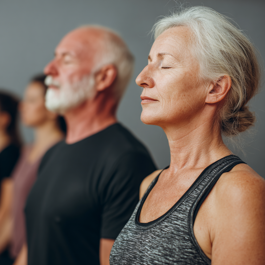 Group of diverse Hungarian adults practicing meditation in a serene natural outdoor setting